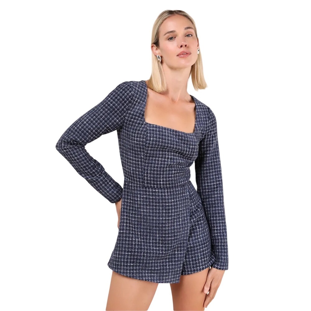 Lulus Womens Large Navy Blue Tweed Romper Square‎ Neck Long Sleeve LP2672026 NWT